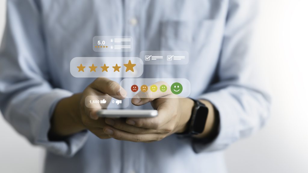 Online customer satisfaction survey service concept. User give Rate service from experience. Consumer give Stars, comment  and feedback review for quality, Business reputation ranking from buyer
